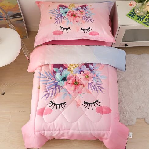 Toddler Bedding Set Pink Unicorn 4 Piece Standard Size Children Comforter Set Ultra Soft Includes Quilted Comforter, Fitted Sheet, Flat Sheet, and Pillow Case for Kids Girls, 28" x 52" in Saudi Arabia