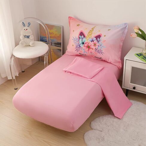 Toddler Bedding Set Pink Unicorn 4 Piece Standard Size Children Comforter Set Ultra Soft Includes Quilted Comforter, Fitted Sheet, Flat Sheet, and Pillow Case for Kids Girls, 28" x 52" in Saudi Arabia