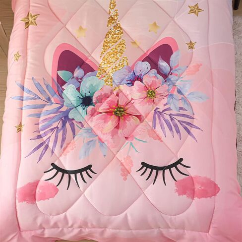 Toddler Bedding Set Pink Unicorn 4 Piece Standard Size Children Comforter Set Ultra Soft Includes Quilted Comforter, Fitted Sheet, Flat Sheet, and Pillow Case for Kids Girls, 28" x 52" in Saudi Arabia