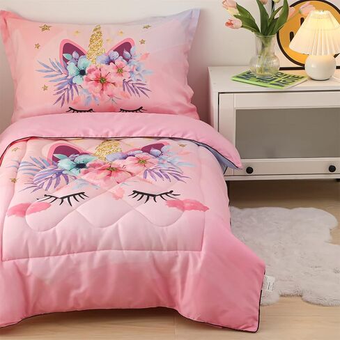 Toddler Bedding Set Pink Unicorn 4 Piece Standard Size Children Comforter Set Ultra Soft Includes Quilted Comforter, Fitted Sheet, Flat Sheet, and Pillow Case for Kids Girls, 28" x 52" in Saudi Arabia