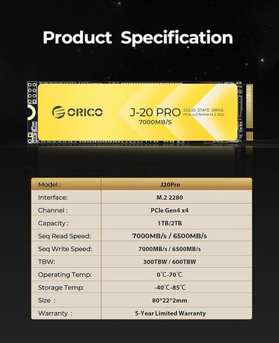 ORICO J20Pro 1 تيرابايت M.2 SSD PCIe Gen4x4 2280 NVMe M.2 3D NAND محرك الحالة الصلبة الداخلي، سرعة قراءة تصل إلى 7000 ميجابايت/ثانية -J20 Pro(1 تيرابايت) in Saudi Arabia