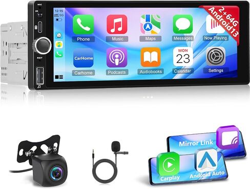 [2+64G] Android 13 Single Din Car Radio with Wireless Carplay and Android Auto - 6.86 inch Touchscreen Car Stereo - EQ Setting/WiFi/GPS/Mirror Link/SWC/USB Charging + AHD Backup Camera in Saudi Arabia
