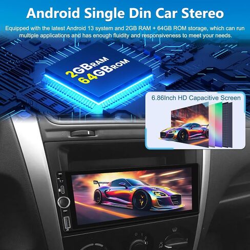 [2+64G] Android 13 Single Din Car Radio with Wireless Carplay and Android Auto - 6.86 inch Touchscreen Car Stereo - EQ Setting/WiFi/GPS/Mirror Link/SWC/USB Charging + AHD Backup Camera in Saudi Arabia
