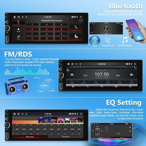 [2+64G] Android 13 Single Din Car Radio with Wireless Carplay and Android Auto - 6.86 inch Touchscreen Car Stereo - EQ Setting/WiFi/GPS/Mirror Link/SWC/USB Charging + AHD Backup Camera in Saudi Arabia