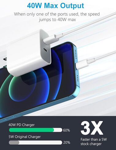 شاحن USB C، شاحن iPhone 40 وات، شاحن مزدوج من النوع C سريع مع كابل USB-C إلى Lightning معتمد من MFi وكابل USB-C إلى USB-C لهاتف iPhone 13/13 Pro/12/11/XR/XS/X/8، جلاكسي، بكسل in Kuwait