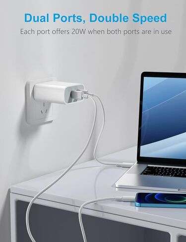 شاحن USB C، شاحن iPhone 40 وات، شاحن مزدوج من النوع C سريع مع كابل USB-C إلى Lightning معتمد من MFi وكابل USB-C إلى USB-C لهاتف iPhone 13/13 Pro/12/11/XR/XS/X/8، جلاكسي، بكسل in Kuwait