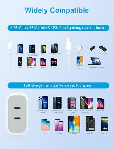 شاحن USB C، شاحن iPhone 40 وات، شاحن مزدوج من النوع C سريع مع كابل USB-C إلى Lightning معتمد من MFi وكابل USB-C إلى USB-C لهاتف iPhone 13/13 Pro/12/11/XR/XS/X/8، جلاكسي، بكسل in Kuwait