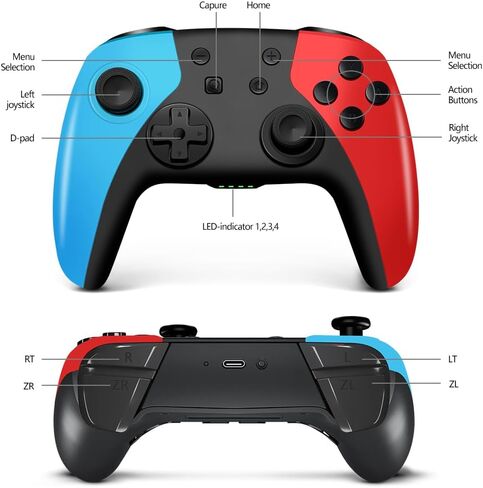 وحدة تحكم لاسلكية AceGamer لجهاز نينتندو سويتش/لايت/OLED/ويندوز، تصميم مخصص لوحدات تحكم نينتندو سويتش مع وظيفة الاستيقاظ/التربو/الاهتزاز/الأزرار الخلفية (أحمر وأزرق) in Saudi Arabia