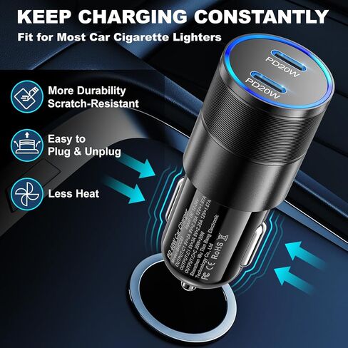 شاحن سيارة USB C 40 وات، OKRAY 2-Pack iPhone 15 شاحن سيارة 2-Port Type C PD3.0 شاحن هاتف سيارة سريع الشحن محول ولاعة السجائر متوافق مع iPhone 15 14 Pro Max Plus، Galaxy S24 S23 Note 20 in Kuwait