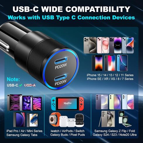 شاحن سيارة USB C 40 وات، OKRAY 2-Pack iPhone 15 شاحن سيارة 2-Port Type C PD3.0 شاحن هاتف سيارة سريع الشحن محول ولاعة السجائر متوافق مع iPhone 15 14 Pro Max Plus، Galaxy S24 S23 Note 20 in Kuwait