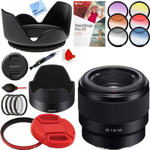 عدسة Sony FE مقاس 50 مم F1.8 كاملة الإطار E-Mount مع مجموعة مرشحات مقاس 49 مم بالإضافة إلى حزمة الملحقات in Saudi Arabia