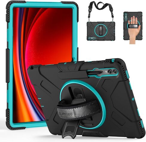 SUPFIVES Case for Galaxy Tab S9 Ultra 14.6 inch 2023, Tablet S8 Ultra 2022 Upgraded Military Liquid Silicone 3 Layers Protection with+Handle+ Rotating Stand+ S-Pen Holder+ Shoulder Strap- Black in Saudi Arabia