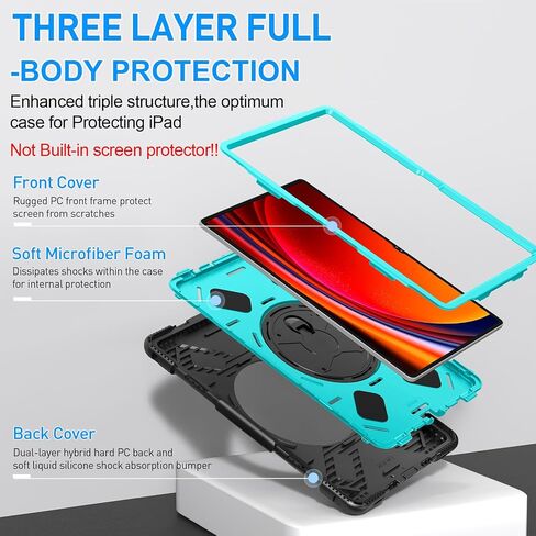SUPFIVES Case for Galaxy Tab S9 Ultra 14.6 inch 2023, Tablet S8 Ultra 2022 Upgraded Military Liquid Silicone 3 Layers Protection with+Handle+ Rotating Stand+ S-Pen Holder+ Shoulder Strap- Black in Saudi Arabia