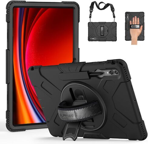 SUPFIVES Case for Galaxy Tab S9 Ultra 14.6 inch 2023, Tablet S8 Ultra 2022 Upgraded Military Liquid Silicone 3 Layers Protection with+Handle+ Rotating Stand+ S-Pen Holder+ Shoulder Strap- Black in Saudi Arabia