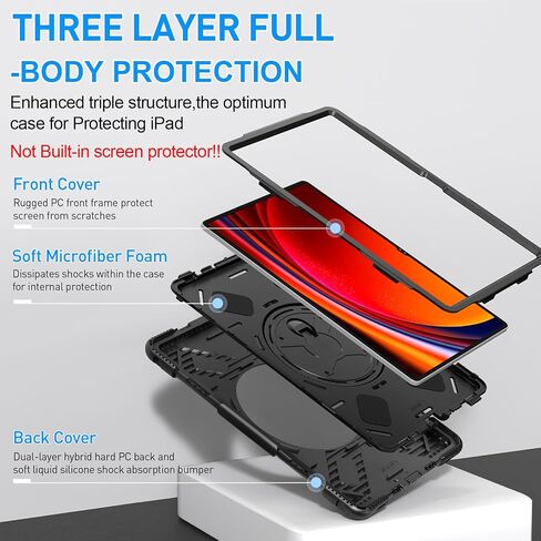 SUPFIVES Case for Galaxy Tab S9 Ultra 14.6 inch 2023, Tablet S8 Ultra 2022 Upgraded Military Liquid Silicone 3 Layers Protection with+Handle+ Rotating Stand+ S-Pen Holder+ Shoulder Strap- Black in Saudi Arabia