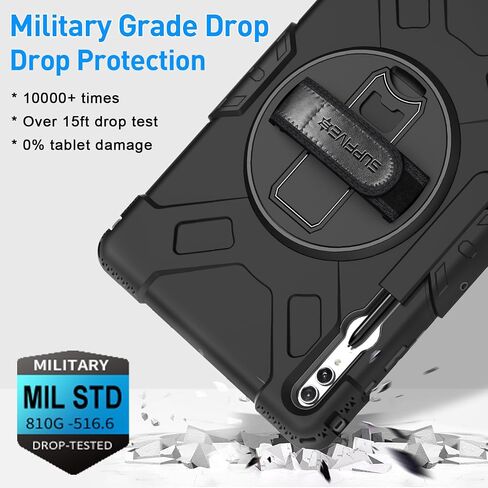 SUPFIVES Case for Galaxy Tab S9 Ultra 14.6 inch 2023, Tablet S8 Ultra 2022 Upgraded Military Liquid Silicone 3 Layers Protection with+Handle+ Rotating Stand+ S-Pen Holder+ Shoulder Strap- Black in Saudi Arabia