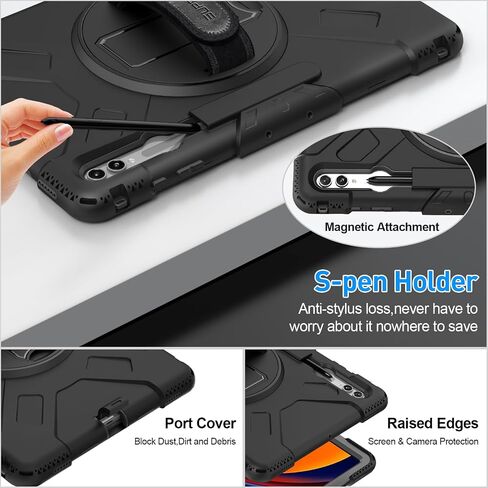 SUPFIVES Case for Galaxy Tab S9 Ultra 14.6 inch 2023, Tablet S8 Ultra 2022 Upgraded Military Liquid Silicone 3 Layers Protection with+Handle+ Rotating Stand+ S-Pen Holder+ Shoulder Strap- Black in Saudi Arabia