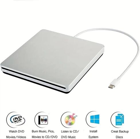 KUJOBUY مشغل أقراص مضغوطة/أقراص DVD محمول USB من النوع C لنظام التشغيل Windows Linux MacBook Air Pro للكمبيوتر المحمول سطح المكتب محرك أقراص خارجي قرص نحيف DVD كاتب DVD-R مشغل وسائط قارئ RW in Kuwait