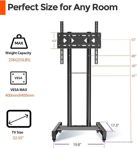 عربة تلفزيون متنقلة لشاشة تلفزيون منحنية مسطحة 32-55 بوصة، حامل تلفزيون أرضي متدحرج 360 درجة بحد أقصى VESA 400 × 400 مم يصل إلى 55 رطل، 32 43 50 55 ارتفاع دوار قابل للضبط محمول بعجلات، حامل تلفزيون عالمي in Kuwait