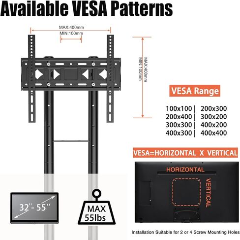 عربة تلفزيون متنقلة لشاشة تلفزيون منحنية مسطحة 32-55 بوصة، حامل تلفزيون أرضي متدحرج 360 درجة بحد أقصى VESA 400 × 400 مم يصل إلى 55 رطل، 32 43 50 55 ارتفاع دوار قابل للضبط محمول بعجلات، حامل تلفزيون عالمي in Kuwait
