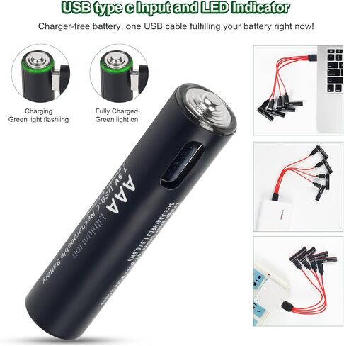 بطاريات AAA USB c قابلة لإعادة الشحن - ليثيوم أيون 1.5 فولت 600 مللي واط في الساعة شحن سريع لمدة ساعة، 1200 دورة مع كابل منفذ من النوع C (4 قطع) in Saudi Arabia