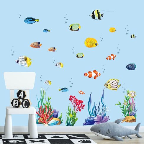 ملصقات جدارية على شكل سمكة استوائية من Wonderever Under The Sea، قشر ولصق الأعشاب البحرية في المحيط، ملصقات فنية جدارية لغرف نوم الأطفال والحمام in Saudi Arabia