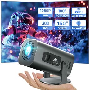 Mini Projector with WiFi and Bluetooth, 180°Adjustable Stand Portable Projector, Support 2.4G/5G WiFi6, 150" Smart Projector with Android TV 11.0, 1080P, Auto Keyston Outdoor/Home Theater, Iron Grey