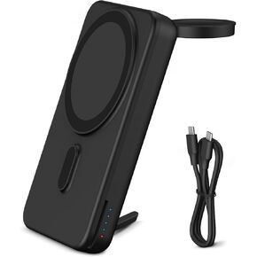 DDUAN 5000mah Mag-Safe Power Bank, Wireless Battery Pack with USB-C Cable, 2 in 1 Portable Phone Charger Watch Fast Charger Compatible with Phone 15/14/13/12, Apple Watch All Series (Black)