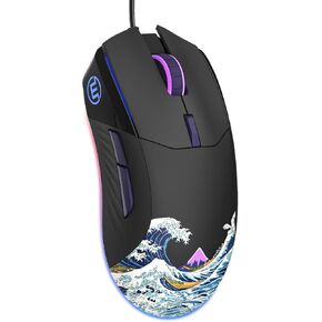 COSTOM G705 Wired Gaming Mouse White, RGB Backlit PC Gaming Mouse with Adjustable 12000DPI/7 Programmable Buttons, Gamer Computer USB Mouse for Windows Mac Laptop PC, Great Wave Theme