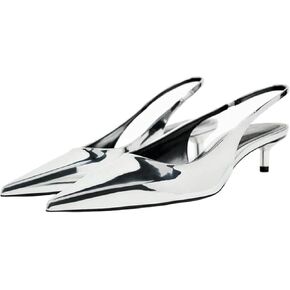 Slingback Kitten Heels for Women Pointed Toe Pumps Metallic Slingback Heels