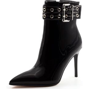 Women's Pointed Toe Stiletto Heel Buckle Ankle Boots 4 Inches High Heel Booties with Side Zip