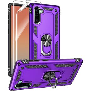 for Samsung Galaxy Note 10 Case, Note10 Case with HD Screen Protectors, Military-Grade Metal Ring Holder Kickstand 15ft Drop Tested Shockproof Cover Case for Samsung Note 10 (2019) Black