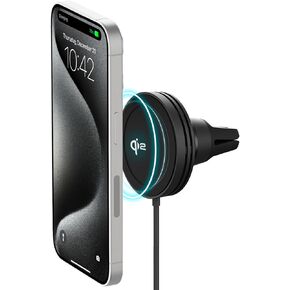 شاحن iOttie Velox Qi2 Mini اللاسلكي للسيارة | حامل هاتف للسيارة بفتحة تهوية | شاحن MagSafe Phone Mount بقدرة 15 وات للهواتف الذكية التي تدعم تقنية Qi2 بما في ذلك iPhone12 و13 و14 و15. يتضمن شاحن سيارة.