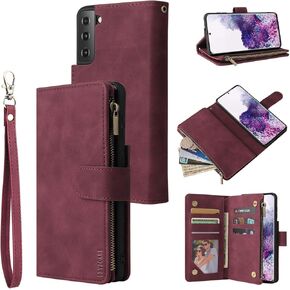 LBYZCASE Phone Case for Galaxy S21 Plus,Samsung S21+Plus 5G Wallet Case,Luxury Folio Flip Leather Cover[Zipper Pocket][Wrist Strap][Kickstand ] for Samsung Galaxy S21 Plus(Coffee)