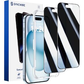 SYNCWIRE Full Coverage Privacy Screen Protector for iPhone 15 6.1''[2-Pack], Unbreakable True 28° Anti Spy Tempered Glass with Black Edge [Easy Installation] [9H Hardness] [Sensitive Touch]