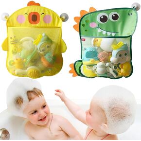2 Pack Mesh Bath Toy Organizer, Anberky Cute Duck & Dinosaur Bath Toy Storage Net Bathtub Toy Organizer, Perfect Bathroom Hanging Storage Bag Quick Dry Bath Toy Holder Bag with 8 Strong Hooks (#A)