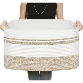 Large Rectangular Cotton Rope Storage Basket - 82L- Ideal for Toy Storage, Blankets, Laundry, Woven Organizer for Living Room, Bedroom - 22"x17"x12"（White & Khaki）