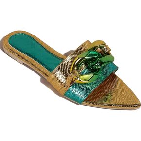 Women's Pointed Open Toe Flat Sandals with Chunky Chain Decor Slip-on Non Slip Beach Slides Sandals Casual Breathable Walking Slippers