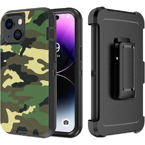 Case with Belt-Clip Holster Compatible with iPhone 14 Plus, Drop Protection Rugged Shockproof/Dust Proof Military Protective Tough Durable Phone Cover Heavy Duty (Camouflage)