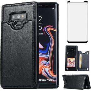 NKECXKJ Design for Samsung Galaxy Note 9 Case with Tempered Glass Screen Protector Credit Card Holder Slot, PU Leather Wallet Phone Cases Kickstand Protective Cover for Glaxay Note9 S9 Men Black