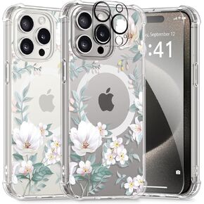 GVIEWIN Magnetic for iPhone 15 Pro Max Case with Screen Protector + Camera Protector, [Compatible with MagSafe] [10FT Drop Protection] Clear Floral Phone Cover Women for 15 ProMax(Autumnal Begonia)
