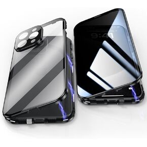 Jonwelsy Anti Peeping Case for iPhone 15 Pro Max (6.7"), 360 Degree Front and Back Privacy Tempered Glass Cover, Anti SPY Screen, Anti Peep Magnetic Adsorption Metal Bumper for 15 Pro Max (Black)