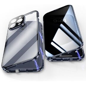 حافظة Jonwelsy مضادة للرؤية لهاتف iPhone 15 Pro Max (6.7 بوصة)، غطاء زجاجي مقوى للخصوصية الأمامية والخلفية 360 درجة، شاشة مضادة للتجسس، مصد معدني مضاد للامتصاص المغناطيسي لهاتف 15 Pro Max (أسود)