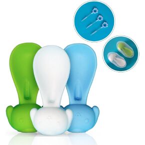 Baby Food Pouch Squeeze Spoon, Food Pouch Attachment Topper with Cleaning Brush, 3 Silicone Spoons with Travel Cases, White, Green, Blue, Bumpy001