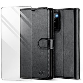 OCASE متوافق مع حافظة Samsung Galaxy S20 FE 5G مع حاملات بطاقات، حافظة محفظة قلابة من جلد البولي يوريثان [جراب داخلي من مادة TPU] [حامل] [واقي شاشة من الزجاج المقوى] غطاء هاتف واقٍ مقاس 6.5 بوصة (أسود)