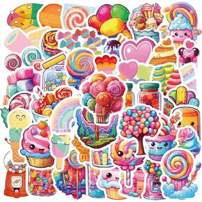 50pcs Cute Cartoon Colorful Dessert Candy Stickers for Laptop Water Bottle, Vinyl Waterproof Anime Stickers Decals for Scrapbook Luggage Phone,Lollipop Stickers for Teens Adults