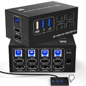 KVM Switch 4 Computer 2 Monitor - 8K@60Hz 4K@120Hz HDMI and Displayport Dual Monitor KVM Switcher for 4 PC 2 Monitor, with Desktop Controller