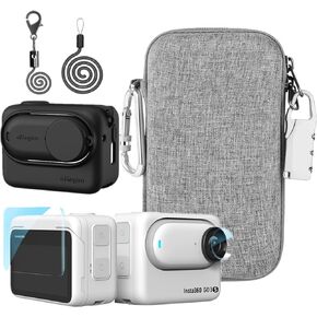 Accessories Kit Compatible with Insta360 GO 3S [Silicone Camera Case Cover and Lens Cap][2Pcs Screen Protector Film][Carrying Case Bag with Auto Locking Carabiner and Anti-loss Lock] (Black)