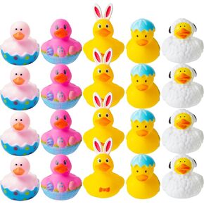 Haooryx Easter Rubber Duckies Toys - 20Pcs Novelty Yellow Rubber Duck Bunny Bathtub Toys Baby Shower Float Ducky Carnival Pinata Filler School Reward Easter Basket Stuffing Multi-Item Party Favor Pack