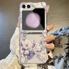 Galaxy Z Flip 6 Case and Screen Protector for Samsung Galaxy Z Flip 6 Clear Shockproof Hard PC Phone Case for Women Girls Purple Floral Ultra Thin Protective Phone Case Anti-Scratch